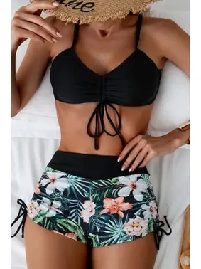 Angelsin Büzgü Ayarlı Baskılı Bikini Takımı Angelsin MS4388 Siyah