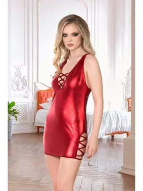 İzabel Çapraz Bağlamalı Kırmızı Deri Fantazi Elbise İzabel 8001