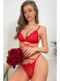 missisX Çapraz İpli Dantel Kırmızı Fantazi Sütyen Külot Takımı MissisX 604