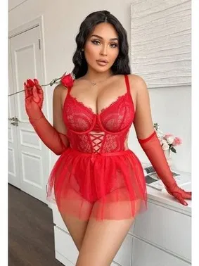 Ruselin Çapraz İpli Dantelli Büyük Beden Tüllü Fantazi Gecelik Ruselin 8008 - Alternatif Görünüm