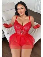 Çapraz İpli Dantelli Büyük Beden Tüllü Fantazi Gecelik Ruselin 8008 Kırmızı farklı açı