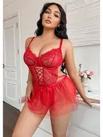 Çapraz İpli Dantelli Büyük Beden Tüllü Fantazi Gecelik Ruselin 8008 Kırmızı görsel 4