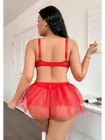 Çapraz İpli Dantelli Büyük Beden Tüllü Fantazi Gecelik Ruselin 8008 Kırmızı görsel 5