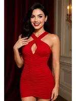 Çapraz Yaka Büzgü Detaylı Mini Elbise Venlisa V9400 Kırmızı farklı açı