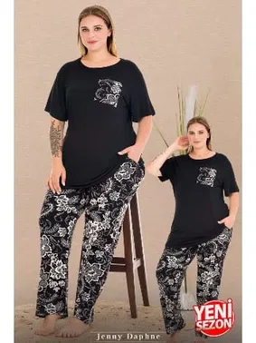 Lady Cepli Büyük Beden Çiçek Desenli Bisiklet Yaka Kısa Kollu Pijama Takımı Lady 11011