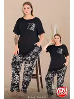 Cepli Büyük Beden Çiçek Desenli Bisiklet Yaka Kısa Kollu Pijama Takımı Lady 11011 Siyah