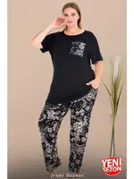 Cepli Büyük Beden Çiçek Desenli Bisiklet Yaka Kısa Kollu Pijama Takımı Lady 11011 Siyah detay görünüm