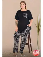 Cepli Büyük Beden Çiçek Desenli Bisiklet Yaka Kısa Kollu Pijama Takımı Lady 11011 Siyah farklı açı