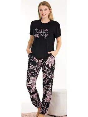 Lady Cepli Kısa Kollu Çiçek Desenli Pijama Takımı Lady 12554 - Alternatif Görünüm