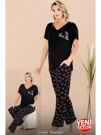 Lady Cepli V Yaka Desenli Kısa Kollu Kadın Pijama Takımı Lady 12670 