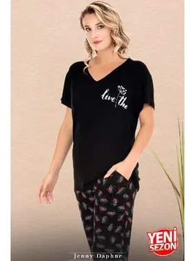 Lady Cepli V Yaka Desenli Kısa Kollu Kadın Pijama Takımı Lady 12670  - Alternatif Görünüm