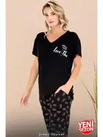 Cepli V Yaka Desenli Kısa Kollu Kadın Pijama Takımı Lady 12670  Siyah detay görünüm