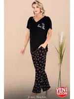 Cepli V Yaka Desenli Kısa Kollu Kadın Pijama Takımı Lady 12670  Siyah farklı açı