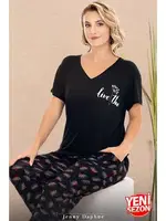 Cepli V Yaka Desenli Kısa Kollu Kadın Pijama Takımı Lady 12670  Siyah görsel 4