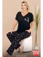 Cepli V Yaka Desenli Kısa Kollu Kadın Pijama Takımı Lady 12670  Siyah görsel 5