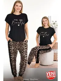 Lady Yanları Şeritli Cepli Leopar Desenli Bisiklet Yaka Kısa Kollu Pijama Takımı Lady 12556