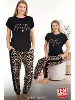 Yanları Şeritli Cepli Leopar Desenli Bisiklet Yaka Kısa Kollu Pijama Takımı Lady 12556 Siyah