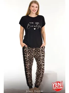 Lady Yanları Şeritli Cepli Leopar Desenli Bisiklet Yaka Kısa Kollu Pijama Takımı Lady 12556 - Alternatif Görünüm