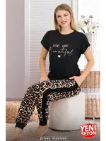 Yanları Şeritli Cepli Leopar Desenli Bisiklet Yaka Kısa Kollu Pijama Takımı Lady 12556 Siyah farklı açı