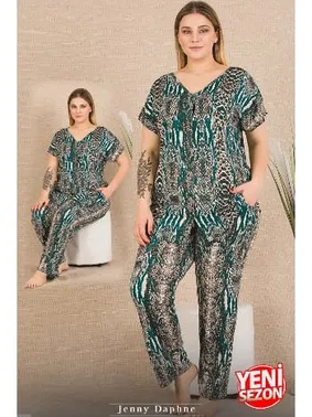 Lady Cepli Yılan Desenli Büyük Beden Düğmeli Kısa Kollu Pijama Takımı Lady 11030
