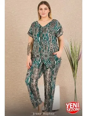 Lady Cepli Yılan Desenli Büyük Beden Düğmeli Kısa Kollu Pijama Takımı Lady 11030 - Alternatif Görünüm