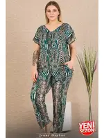 Cepli Yılan Desenli Büyük Beden Düğmeli Kısa Kollu Pijama Takımı Lady 11030 Yeşil detay görünüm