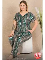 Cepli Yılan Desenli Büyük Beden Düğmeli Kısa Kollu Pijama Takımı Lady 11030 Yeşil farklı açı