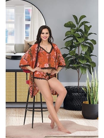 Çiçek Desenli 3lü Şortlu Sabahlık Takım İzabel 8001
