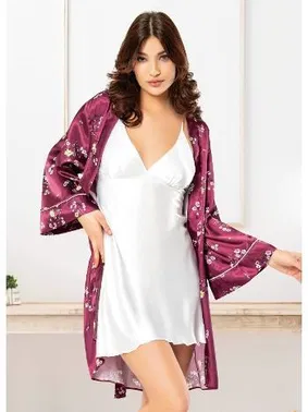 Miss Laris Çiçek Desenli Askılı Saten Gecelik Sabahlık Takım Miss Laris 5001