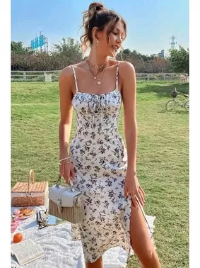 Merry See Çiçek Desenli Askılı Yırtmaçlı Midi Diz Altı Elbise Merry See MS 2956 Çok Renkli