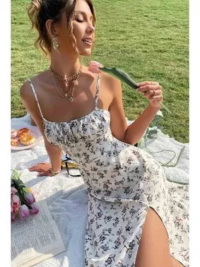 Merry See Çiçek Desenli Askılı Yırtmaçlı Midi Diz Altı Elbise Merry See MS 2956 Çok Renkli - Alternatif Görünüm