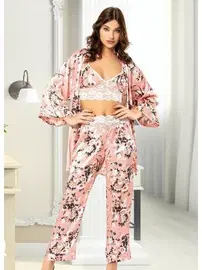 Miss Laris Çiçek Desenli Dantelli Büstiyer Sabahlık Pijama Takım Miss Laris 5023