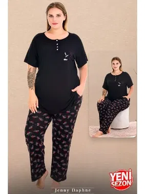 Lady Çiçek Desenli Düğmeli Kısa Kollu Büyük Beden Kadın Pijama Takımı Lady 11016 
