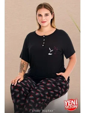 Lady Çiçek Desenli Düğmeli Kısa Kollu Büyük Beden Kadın Pijama Takımı Lady 11016  - Alternatif Görünüm