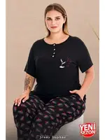 Çiçek Desenli Düğmeli Kısa Kollu Büyük Beden Kadın Pijama Takımı Lady 11016  Siyah detay görünüm