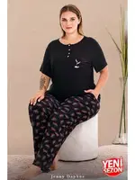 Çiçek Desenli Düğmeli Kısa Kollu Büyük Beden Kadın Pijama Takımı Lady 11016  Siyah farklı açı