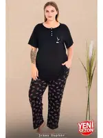 Çiçek Desenli Düğmeli Kısa Kollu Büyük Beden Kadın Pijama Takımı Lady 11016  Siyah görsel 4