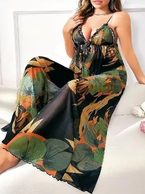 Pink Night Çiçek Desenli İnce Askılı Büyük Beden Pijama Takımı Pink Night 6959