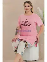 Çiçek Desenli Kadın Kapri Büyük Beden Pijama Takımı Lady 10724 Pembe