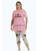 Çiçek Desenli Kadın Kapri Büyük Beden Pijama Takımı Lady 10724 Pembe detay görünüm