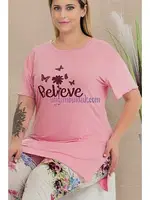 Çiçek Desenli Kadın Kapri Büyük Beden Pijama Takımı Lady 10724 Pembe farklı açı
