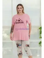 Çiçek Desenli Kadın Kapri Büyük Beden Pijama Takımı Lady 10724 Pembe görsel 4