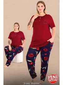 Lady Çiçek Desenli Kırmızı Düğmeli Yaka Büyük Beden Pijama Lady 11001