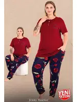Çiçek Desenli Kırmızı Düğmeli Yaka Büyük Beden Pijama Lady 11001