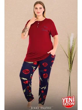 Lady Çiçek Desenli Kırmızı Düğmeli Yaka Büyük Beden Pijama Lady 11001 - Alternatif Görünüm