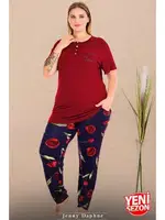 Çiçek Desenli Kırmızı Düğmeli Yaka Büyük Beden Pijama Lady 11001 detay görünüm