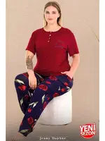 Çiçek Desenli Kırmızı Düğmeli Yaka Büyük Beden Pijama Lady 11001 farklı açı