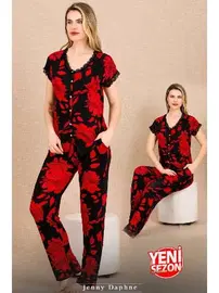 Lady Çiçek Desenli Kırmızı Kısa Kollu Kadın Pijama Takımı Lady 12494 