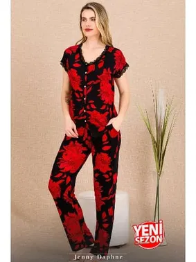 Lady Çiçek Desenli Kırmızı Kısa Kollu Kadın Pijama Takımı Lady 12494  - Alternatif Görünüm