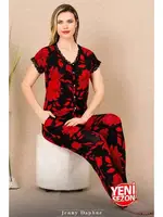 Çiçek Desenli Kırmızı Kısa Kollu Kadın Pijama Takımı Lady 12494  Kırmızı farklı açı